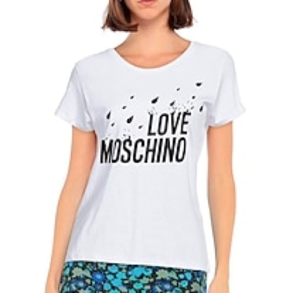 Love Moschino White Short Sleeve Tee w Black Raindrop & Brand Name Graphic Print